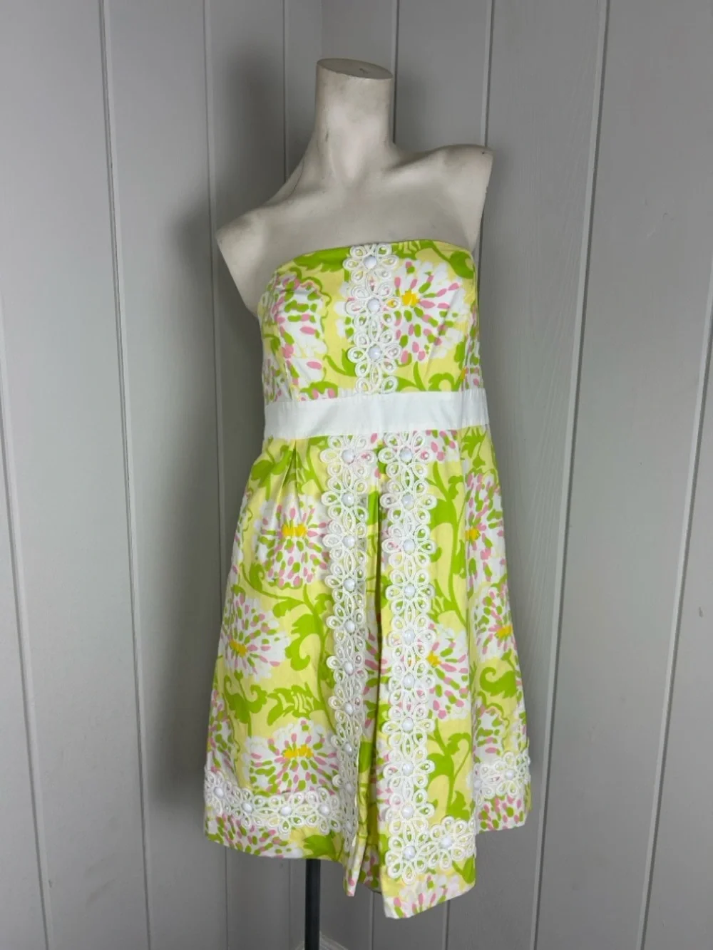 Lilly Pulitzer Jubilee Floral Strapless Dress Size 10 Beaded Lace Trim Fit Flare - Picture 8 of 8